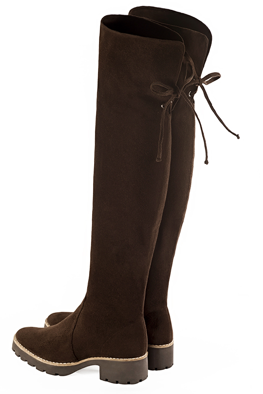 Dark brown women's leather thigh-high boots. Round toe. Low rubber soles. Made to measure. Rear view - Florence KOOIJMAN